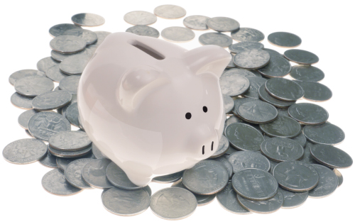 Piggy Bank On Pile Of Quarters Coins, Lit From Below To Eliminate Shadows - Semi Reflective White Pig