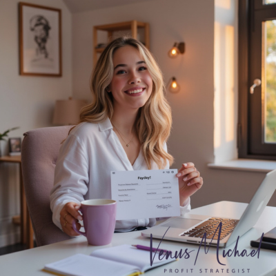Smiling small business owner at a home office desk holding a paycheck and lilac coffee mug, symbolizing Profit First fair compensation.