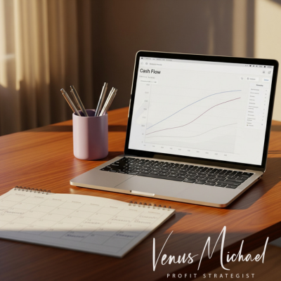 Minimalist workspace with laptop showing smooth cash flow graph, lilac desk accessory, and clean calendar symbolizing consistent financial control.