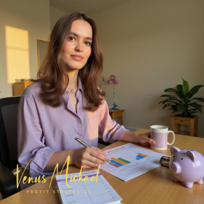 Small business owner reviewing a colorful tax planning report at a warm, organized desk with lilac piggy bank and Profit First allocation sheets.