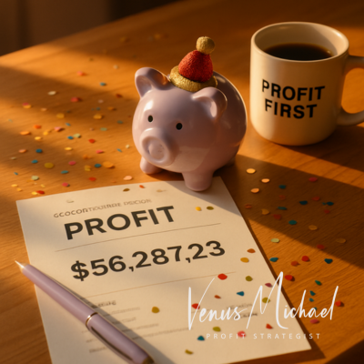 Lilac piggy bank with festive holiday hat, open Profit account statement, and confetti on desk — symbolizing year-end profitability and success.