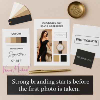 Photography brand moodboard with color swatches and typography samples