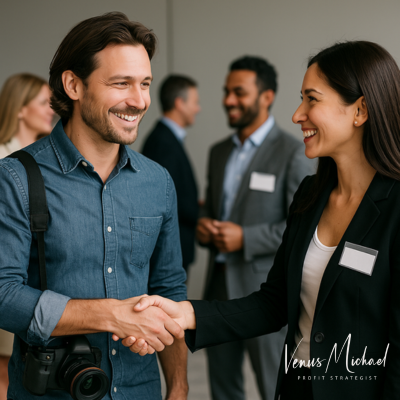 Photographer networking with potential clients at a creative industry mixer