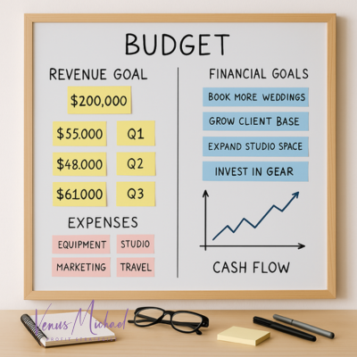 Photography studio budget board with financial goals and revenue tracking