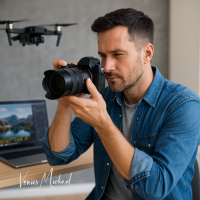 Photographer using advanced gear and drone to showcase innovation in photography business