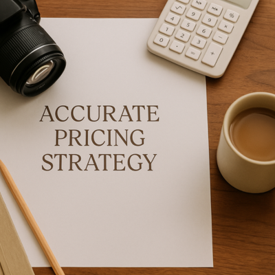 Flat lay of camera, coffee, calculator, and paper labeled Accurate Pricing Strategy — representing financial clarity for photographers.