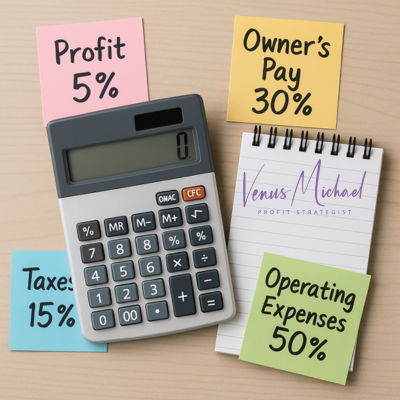 Desk with calculator, sticky notes labeled Profit 5%, Owner’s Pay 30%, and Taxes 15% — illustrating the Profit First method.