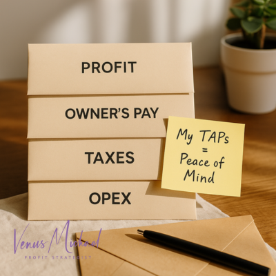 Four stacked envelopes labeled Profit, Owner’s Pay, Taxes, and OPEX with a sticky note that says “My TAPs = Peace of Mind” on a wooden desk.