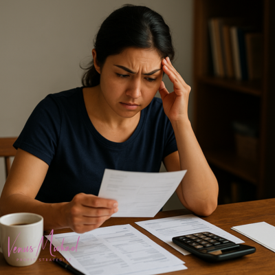 A stressed business owner looking at unpaid bills and an empty wallet, symbolizing the challenge of prioritizing Owner’s Pay.