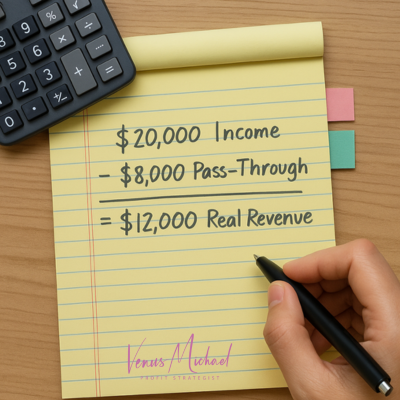 “Notebook showing Profit First real revenue calculation”
