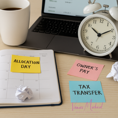 Calendar and sticky notes showing a Profit First allocation schedule