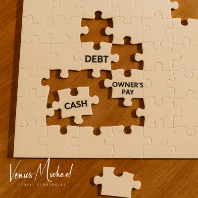 A partially completed white jigsaw puzzle on a wooden table with three center pieces missing, symbolizing missing financial details like debt, cash, and owner’s pay