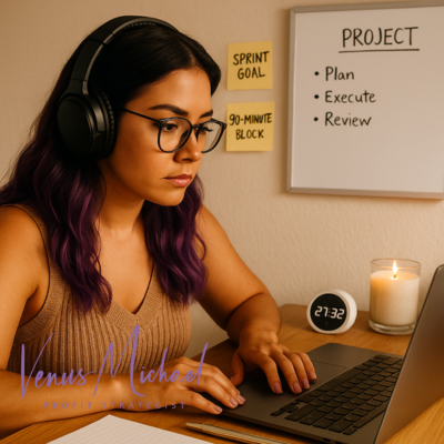 business owner wearing headphones and working in focused sprint mode with a whiteboard showing her project plan, sticky notes labeled “Sprint Goal” and “90-minute block,” and a timer on her desk.