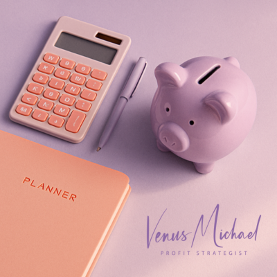 Lilac piggy bank with pastel calculator and peach planner - branding image for The Hidden Cost of DIY Bookkeeping by Venus Michael