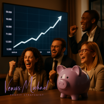 Team of professionals celebrating rising profits with a purple piggy bank in focus, symbolizing Profit First and team profit-sharing success at One21 Account-Ability.