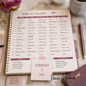 Packed weekly planner showing meetings and administrative tasks with no room left for strategy