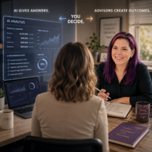 Financial advisor helping a business owner interpret AI-generated forecasts, recommendations, and financial trends.