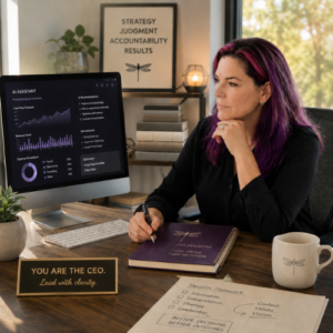 Business advisor reviewing AI-generated financial forecasts before making a strategic decision based on context, values, and leadership judgment.