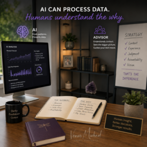 Office workspace comparing AI financial analysis with human strategy, context, experience, judgment, accountability, and vision.