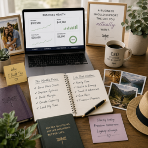 Business planning desk balancing financial results with family, health, travel, personal time, and the owner’s original reason for building the company.