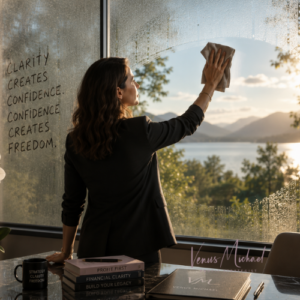 Business owner wiping fog from a window to reveal a peaceful view, representing how financial clarity creates confidence and freedom.