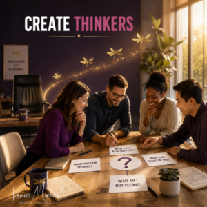 Collaborative team using better questions to build ownership and independent thinking through curiosity in leadership
