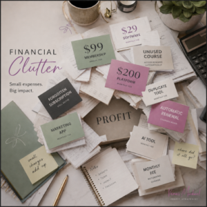 Small recurring business expenses, subscriptions, memberships, and automatic renewals piling up around a box labeled profit.