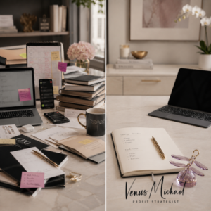 Split workspace showing distraction on one side and strategic focus on the other