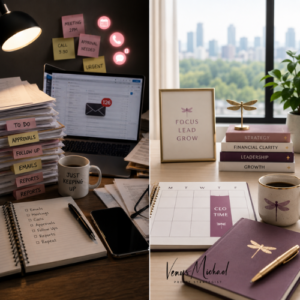 Split office scene contrasting reactive busywork with protected CEO time and strategic planning