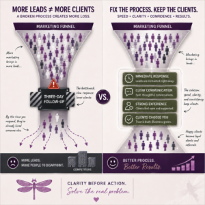 Marketing funnels comparing leads lost through a three-day follow-up delay with an immediate-response process that converts more prospects into clients.