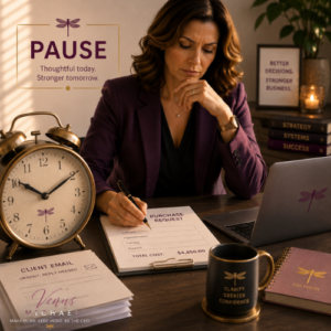 Business owner pausing before signing a purchase request while urgency influences poor financial decisions