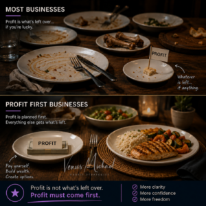 Split-panel image comparing a business that treats profit as leftovers with a Profit First business that plans profit before expenses.