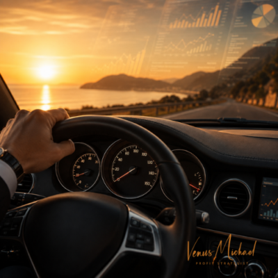 Luxury car dashboard with strong performance gauges and a nearly empty fuel gauge, representing profit versus cash flow in business.