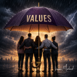 Team standing beneath a Values umbrella during a storm, showing how values in leadership create stability and trust