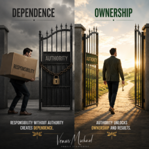 Split image showing how leaders delegate effectively by pairing responsibility with authority to create ownership