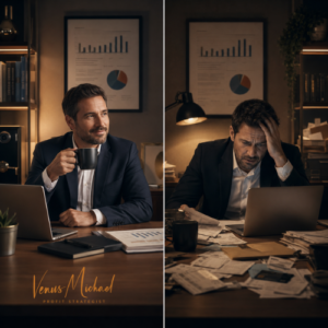 Split-screen image showing one calm business owner with clean financial reports and another stressed business owner surrounded by bills, representing profit versus cash flow.