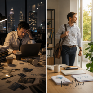 Split-screen image showing one business owner working late under financial stress and another leaving a calm, organized office during the day.