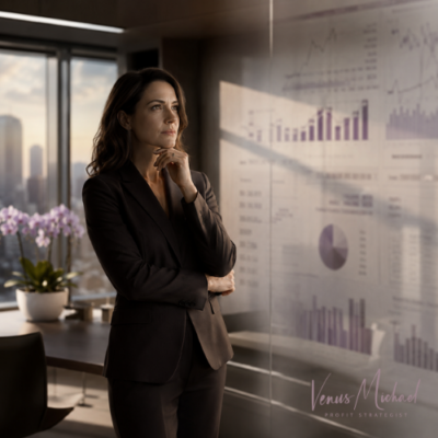 Business owner standing in a modern office looking at blurred financial charts on a glass wall, representing financial clarity during business growth.