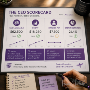 CEO scorecard showing cash available, profit, owner’s pay, and operating margin with trend lines and monthly review questions.