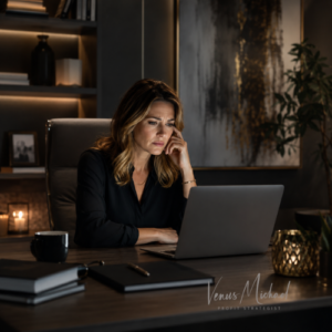 Business owner sitting in a dimly lit office looking tired and confused while reviewing her bank account on a laptop.