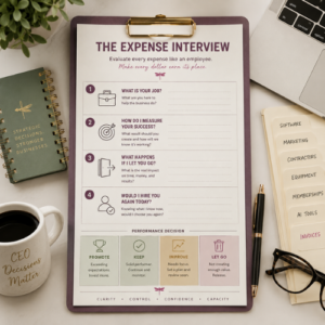 Expense evaluation worksheet with four questions and performance ratings to promote, keep, improve, or let go of business costs.