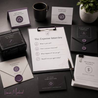 Business expense review form evaluating software, marketing, contractor services, equipment, memberships, AI tools, and recurring invoices.