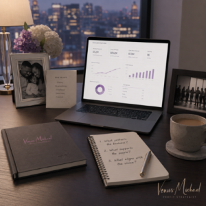Financial forecast displayed beside family and team photos, company values, and leadership questions about protecting the business, supporting people, and aligning with the vision.