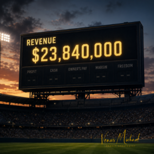 Stadium scoreboard showing a large revenue figure while Profit, Cash, Owner’s Pay, Margin, and Freedom remain blank.