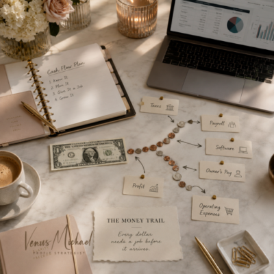 Dollar bill and coin trail across a planner, laptop, and financial notes showing money being directed to taxes, payroll, software, owner’s pay, profit, and operating expenses.