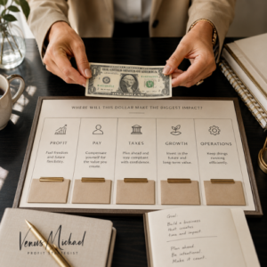 Business owner holding a single dollar over a decision board labeled Profit, Pay, Taxes, Growth, and Operations.