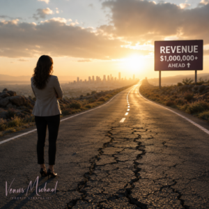 Business owner standing on a cracked road facing a revenue milestone sign, representing how sales growth can hide financial problems.