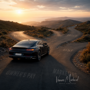 Luxury car paused at a fork in the road with faint financial words on the pavement like payroll, taxes, rent, marketing, and owner’s pay.