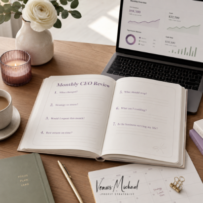 Monthly CEO questions listed in a leadership review workbook beside a financial dashboard and planning calendar.