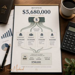Financial infographic showing revenue flowing through expenses, payroll, debt, and taxes before leaving profit, cash, and owner’s pay.